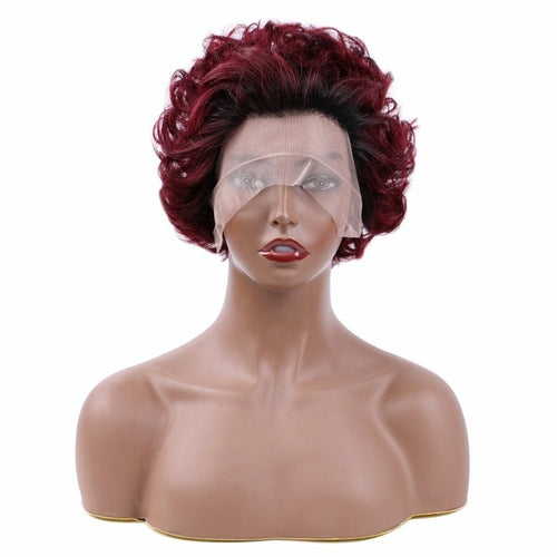 Ombre Short Pixie Cut 13x4x1 T Lace Front Curly Human Hair Wigs 8 Inch - GlamAura