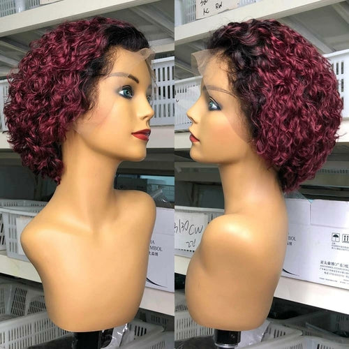 Ombre Short Pixie Cut 13x4x1 T Lace Front Curly Human Hair Wigs 8 Inch - GlamAura